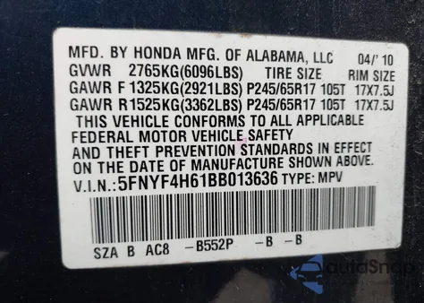 2011 Honda Pilot Ex-L z USA, uszkodzony, nr VIN 5FNYF4H61BB013636